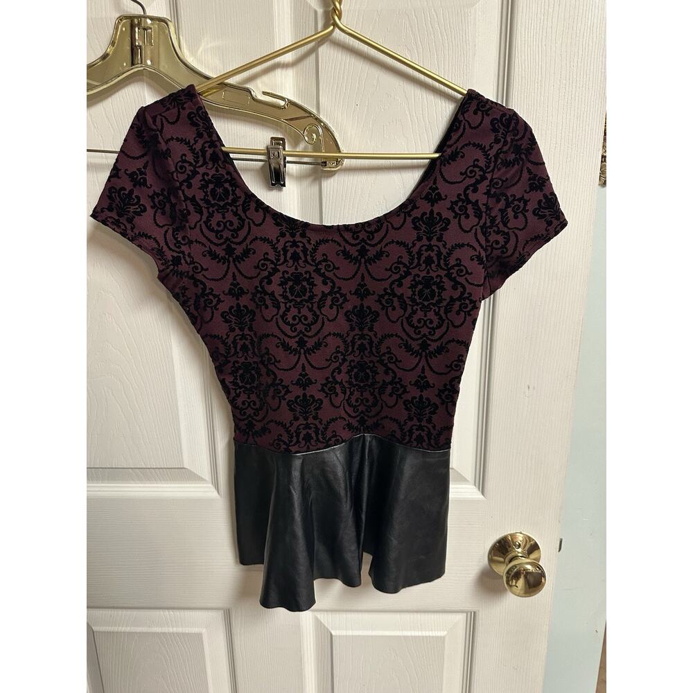 Charlotte Russe Women's Small Black Lace Peasant Top Goth Y2K Faux Leather